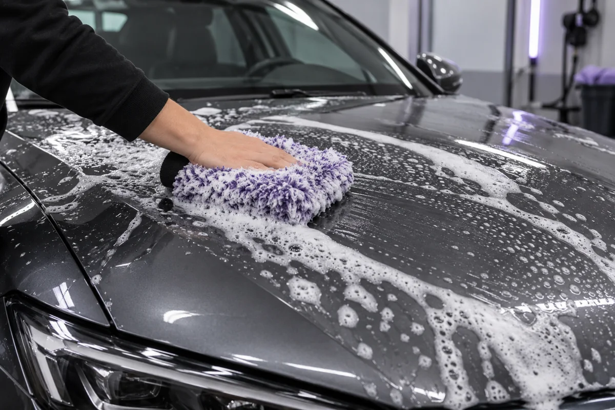 Minkšta plovimo pirštinė ant šlapio automobilio variklio dangčio