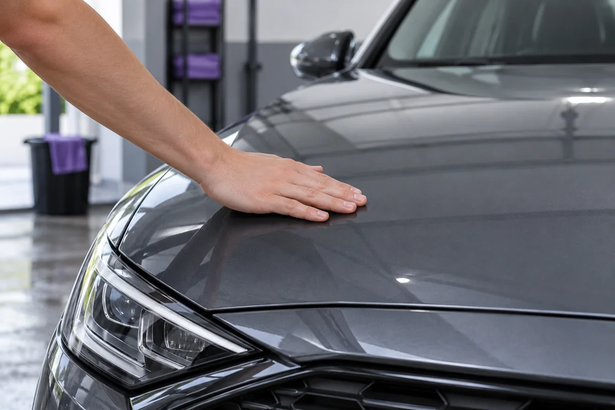 Delnas ant automobilio variklio dangčio tikrinant paviršiaus temperatūrą