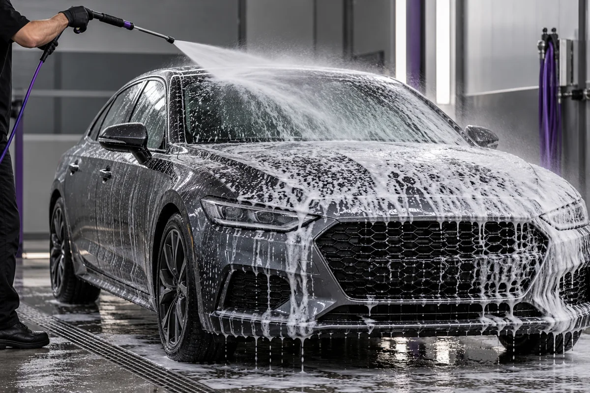 Putomis padengtas automobilis uždarytu variklio dangčiu skalaujamas nuo viršaus